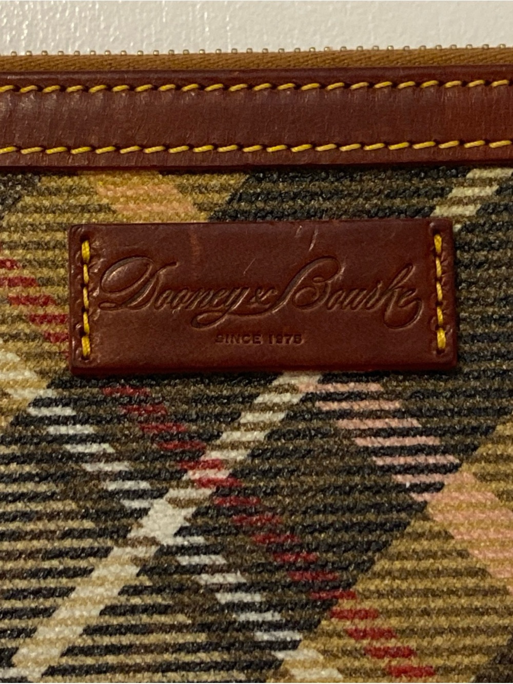 Dooney & Bourke Brown Plaid Canvas Zip Pouch with Leather Trim